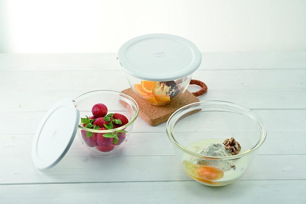 Hario 3pc Heat-Resistant Glass Bowls w/Lid White/Transparent-Kiichin - The #1 Place for Japanese Goods in Your Hand!