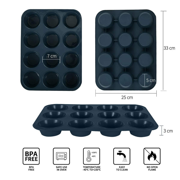 Super Kitchen 12-Cavity Large Non-Stick Silicone Muffin Mold Pan - Easy To Clean Gray-Kiichin - The #1 Place for Japanese Goods in Your Hand!