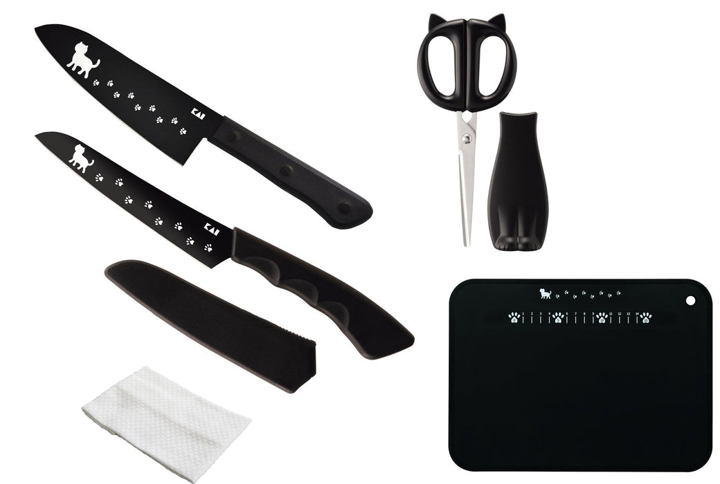 Kai Nyammy Cat Knife Set Santoku Fruit Scissors Board Towel-Kiichin - The #1 Place for Japanese Goods in Your Hand!