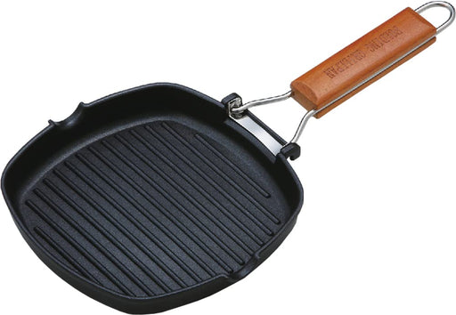 Taniguchi-Metal Grill Pan 20x20cm IH Compatible with Natural Wood Handle - Japan Fluorine Coating-Kiichin - The #1 Place for Japanese Goods in Your Hand!