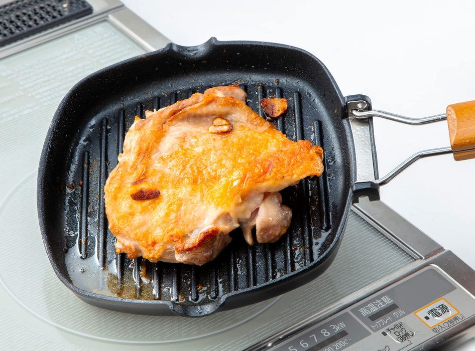 Taniguchi-Metal Grill Pan 20x20cm IH Compatible with Natural Wood Handle - Japan Fluorine Coating-Kiichin - The #1 Place for Japanese Goods in Your Hand!