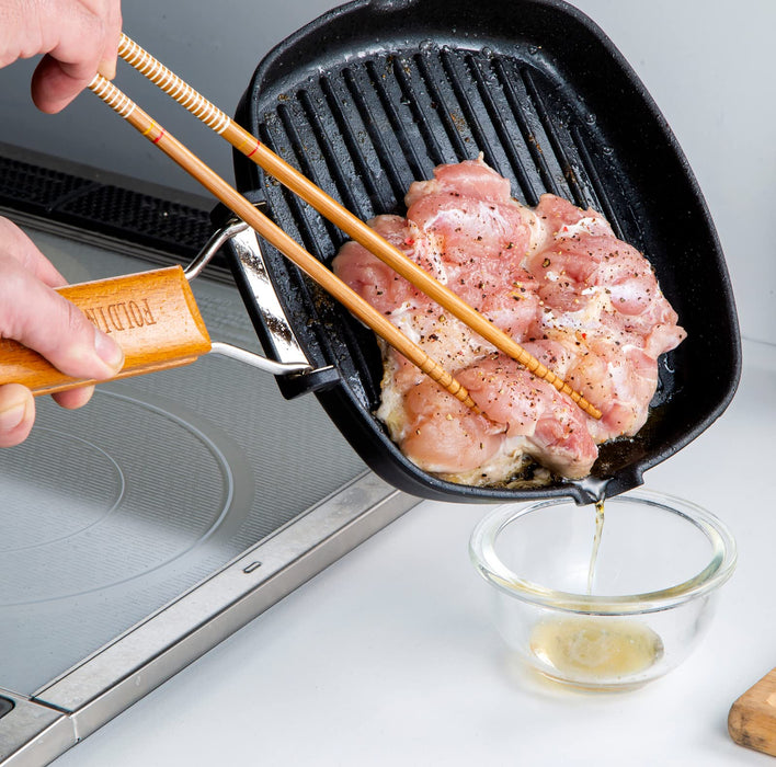 Taniguchi-Metal Grill Pan 20x20cm IH Compatible with Natural Wood Handle - Japan Fluorine Coating-Kiichin - The #1 Place for Japanese Goods in Your Hand!