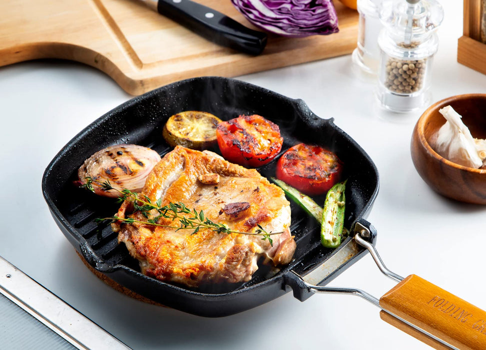 Taniguchi-Metal Grill Pan 20x20cm IH Compatible with Natural Wood Handle - Japan Fluorine Coating-Kiichin - The #1 Place for Japanese Goods in Your Hand!